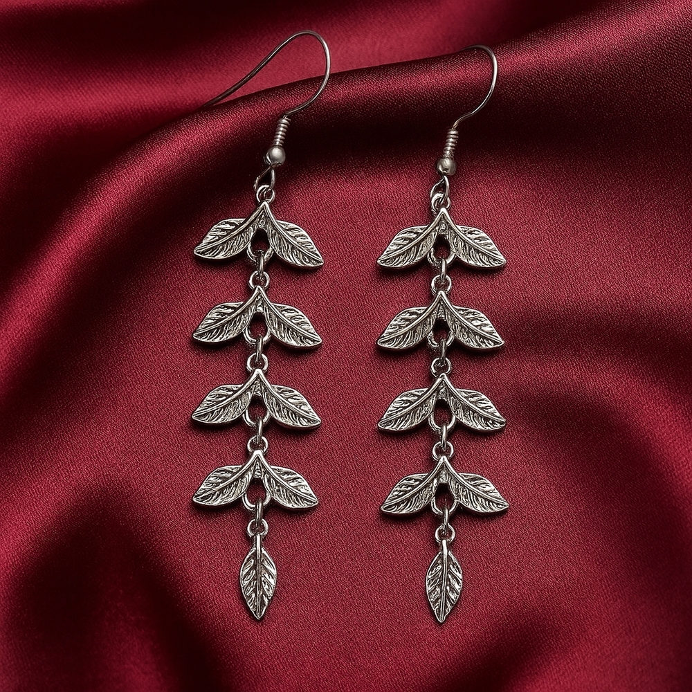 3.75 Inch Textured Metal Leaves Design Drop Dangle Earrings - Silver Tone Finish